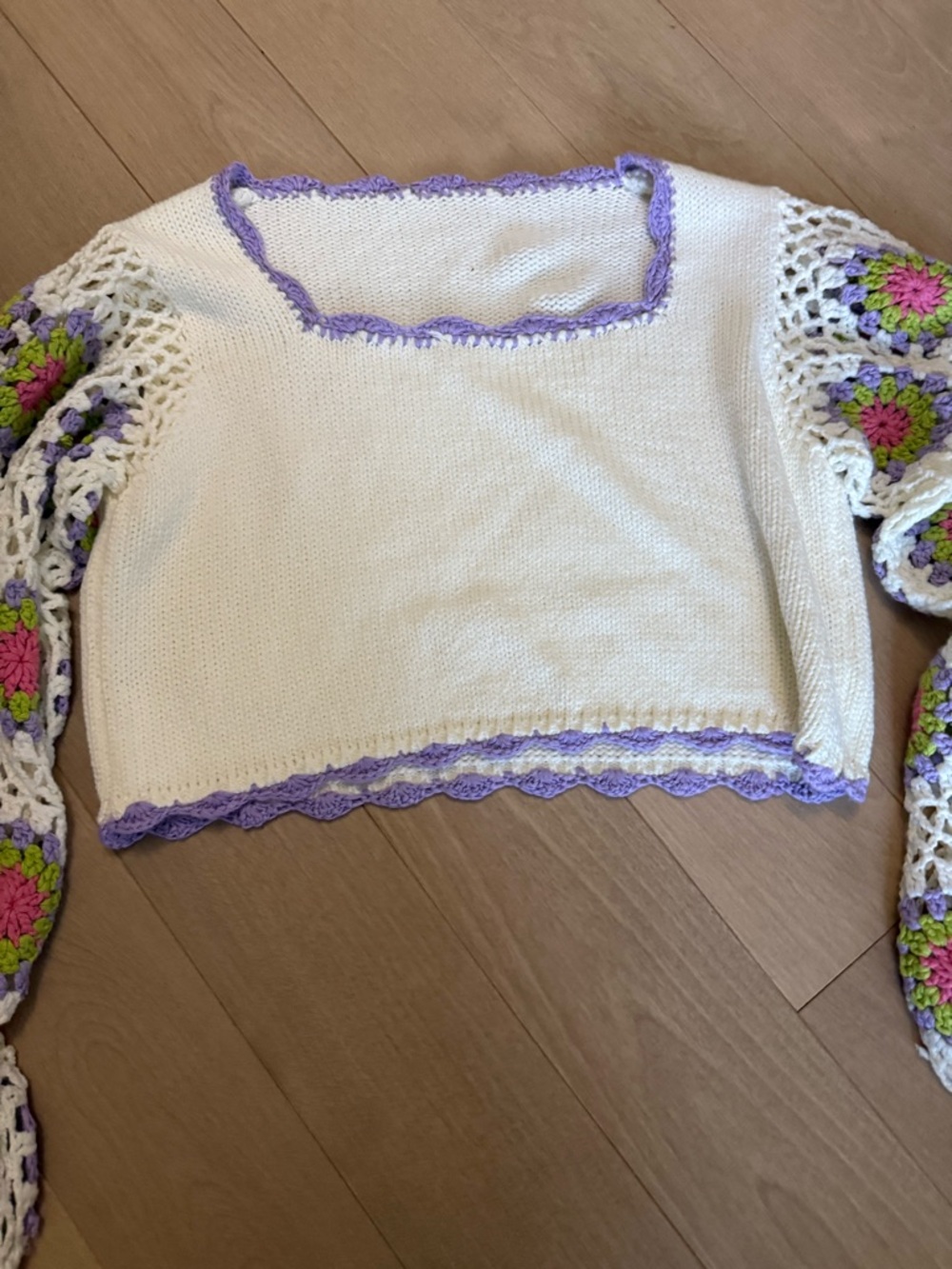 SHEIN Cream Knit Crop Sweater with Lavender Crochet Accents